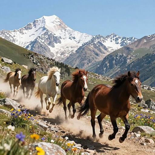 Photograph of five galloping horses, including one white and four brown, running through a mountainous meadow with snow-capped peaks, surrounded