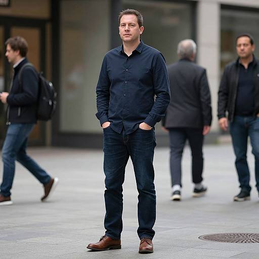 Photograph of a tall, handsome man with short brown hair, wearing a black button-up shirt and dark jeans, standing confidently in a city street with