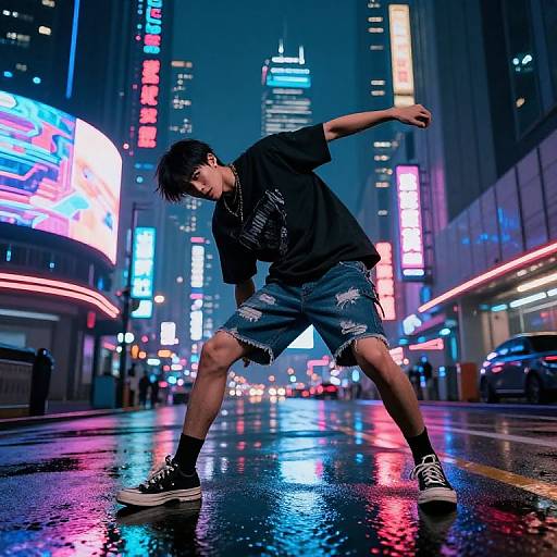 Photograph of a young Asian man in a black t-shirt and distressed denim shorts, dancing in a neon-lit, rainy urban street at night.