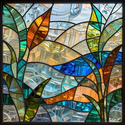 Vibrant stained glass artwork featuring abstract, overlapping leaf shapes in vivid colors—orange, blue, green, yellow—against a textured, wavy