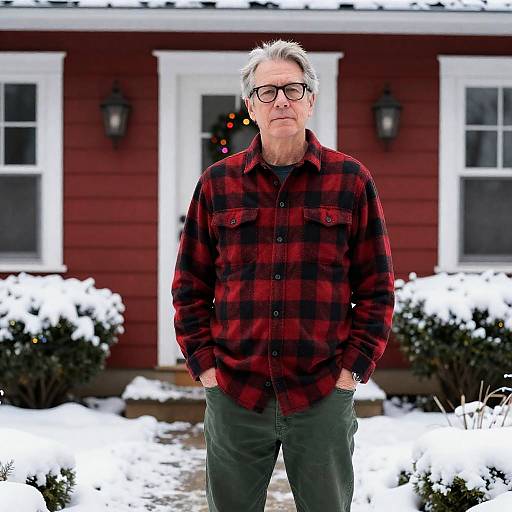 Middle-Aged Man in Festive Winter Scene