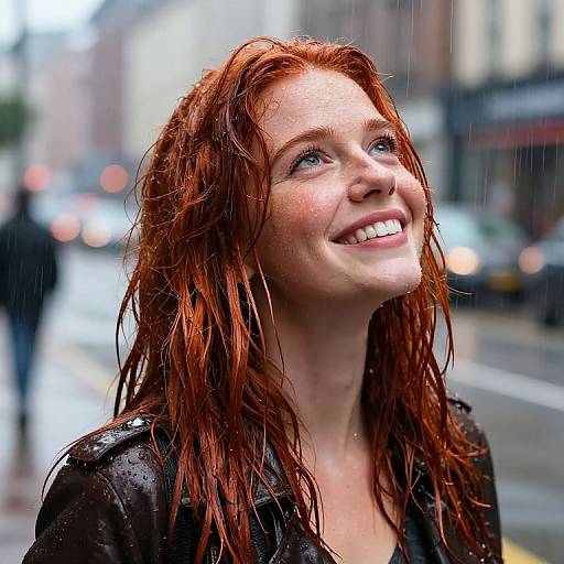 Photograph of a smiling, wet, red-haired woman with freckles, looking up, in a rainy urban street with blurred background.