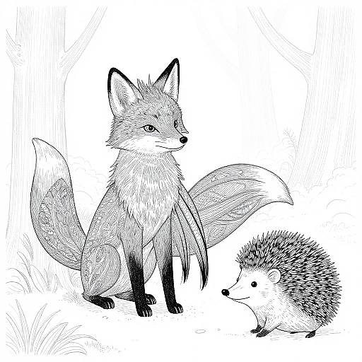 Black and white ink drawing of a sitting fox with a bushy tail and a curious hedgehog standing to its right.