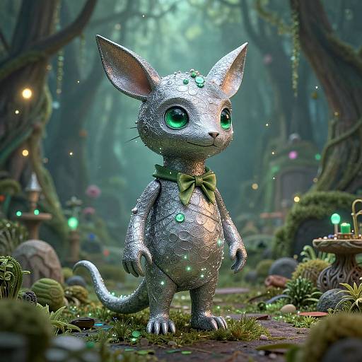 Digital art of a cute, silver, lizard-like creature with large green eyes, glowing green spots, and a green bowtie, standing in a mystical
