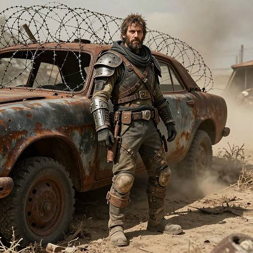 Photograph of a bearded man in medieval armor standing confidently in front of a rusted, barbed-wire-surrounded car in a dusty,