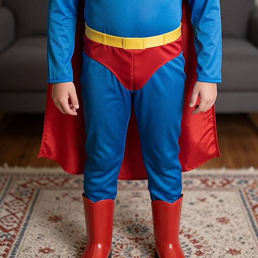 Photograph of a child dressed as Superman, wearing a blue and red costume with yellow belt, red boots, and cape, standing on a patterned
