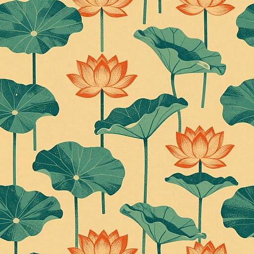 Seamless pattern of vibrant orange lotus flowers and dark green lily pads on a pale yellow background, digital art style.
