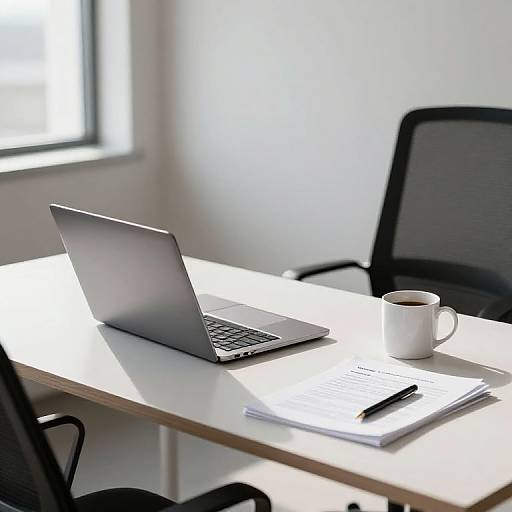 Photograph of a minimalist office desk with a silver laptop, white coffee cup, and notebook, set in a sunlit room.