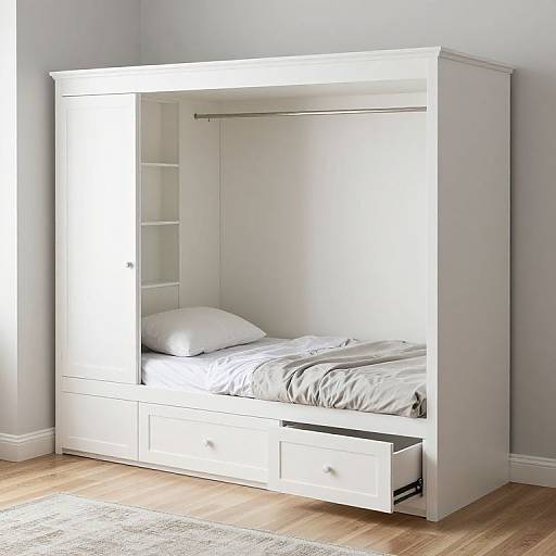 White Built-In Bed with Storage Drawers