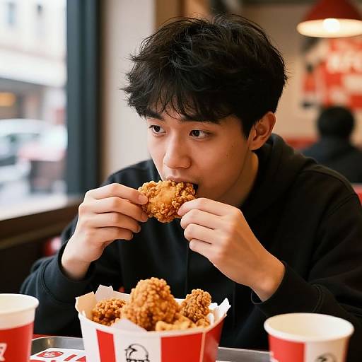 Photograph of an Asian man with black hair eating crispy chicken nuggets in a red and white takeout container at a fast-food restaurant. Blurred