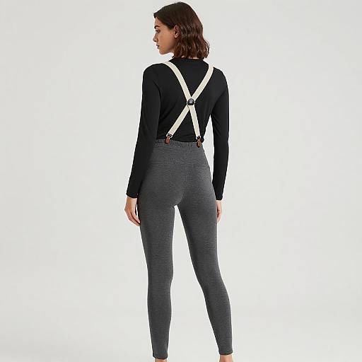 Woman in Black Shirt and Gray Pants with White Suspenders