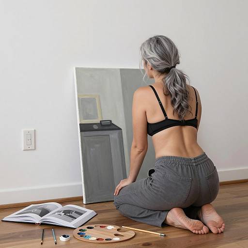 Woman Painting on Floor with Art Supplies