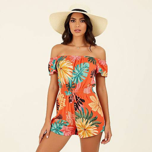 Photograph of a woman with medium brown skin, black wavy hair, wearing an off-the-shoulder, bright orange romper with tropical floral