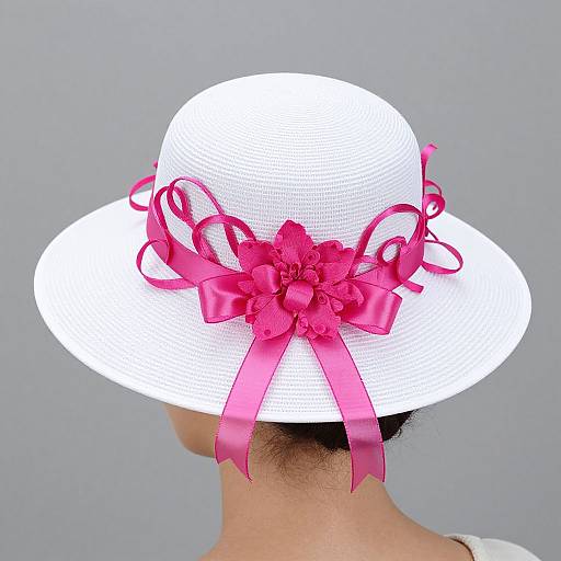 Photograph of a woman from behind wearing a white, woven sun hat adorned with a vibrant pink ribbon bow against a plain gray background.