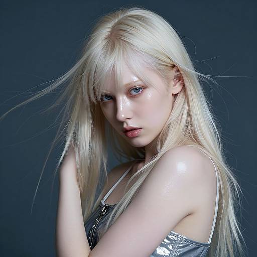 Photograph of a pale-skinned, blonde woman with blue eyes, wearing a silver top, against a dark blue background, with light shining on her