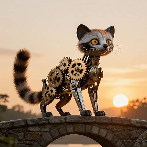 Photograph of a mechanical cat with yellow eyes, made from interlocking gears, standing on a stone arch against a sunset background.