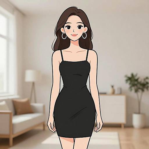 Digital drawing of a smiling woman with long brown hair, wearing a black spaghetti-strap dress and hoop earrings, standing in a bright, modern living room