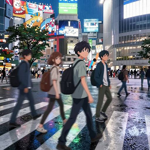 Anime-style digital illustration of a busy, neon-lit urban crosswalk at night, with blurred pedestrians walking, surrounded by vibrant billboards.