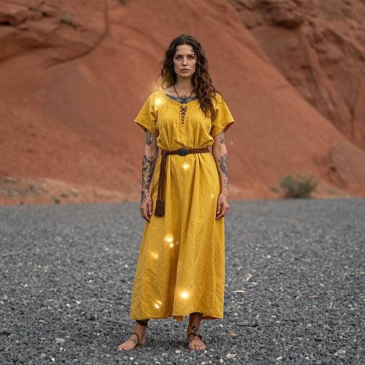 Photograph of a woman with long, curly brown hair, wearing a yellow dress, standing barefoot on gravel, with red rock cliffs in the background