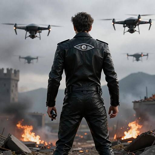 Mysterious Figure in Ruined Cityscape