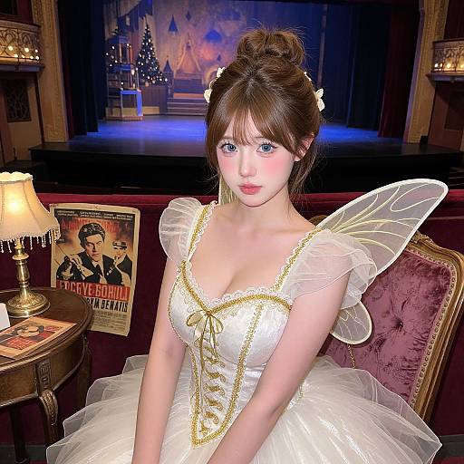 Photograph of a fair-skinned, blue-eyed woman with brown hair in a bun, wearing a white fairy dress with gold trim and transparent wings,