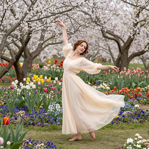 Photograph of a fair-skinned woman with brown wavy hair, wearing a flowing white dress, dancing barefoot in a vibrant spring garden with blo