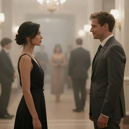 Man and Woman Facing Each Other in Elegant Hallway