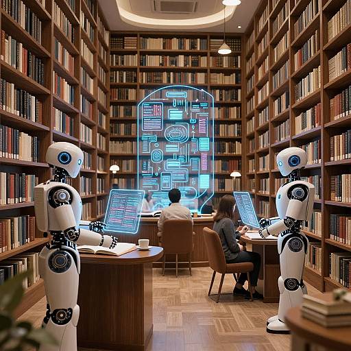 Futuristic AI Library with Robots