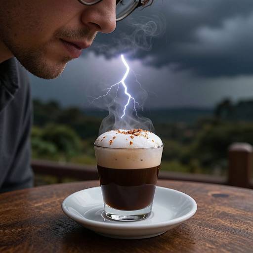 Photograph of a man with glasses, close-up, drinking a steamy chocolate latte with a lightning bolt above it, stormy sky background,