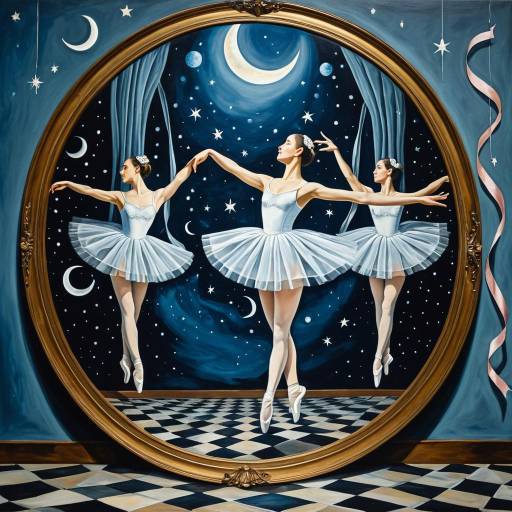 Surreal Ballerinas with Floating Mirrors and Crescent Moons