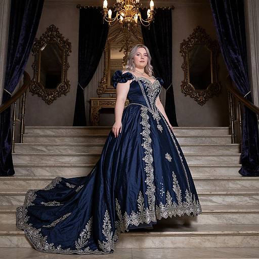 Photograph of a fair-skinned woman in an elaborate, dark blue, gold-embroidered ball gown with a full skirt, standing on marble