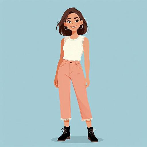 Digital illustration of a smiling woman with shoulder-length brown hair, wearing a white sleeveless top, peach high-waisted pants, black ankle boots,