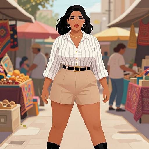 Digital illustration of a curvy woman with dark hair, red lipstick, white striped blouse, beige shorts, black belt, and knee-high boots, standing