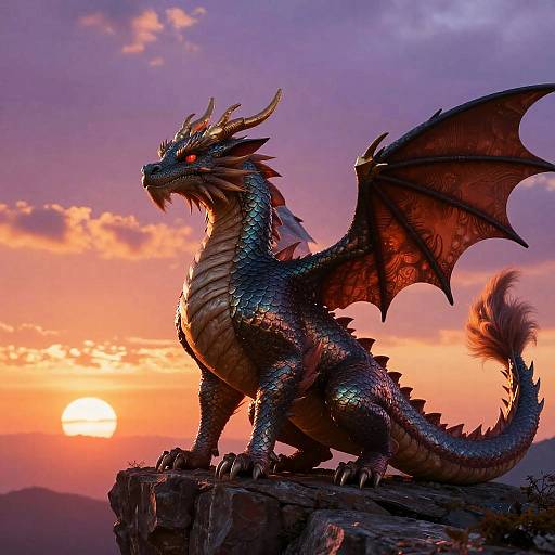 Photograph of a majestic, blue-scaled dragon with red eyes and orange wings standing on a rocky cliff at sunset, against a vibrant, purple-orange