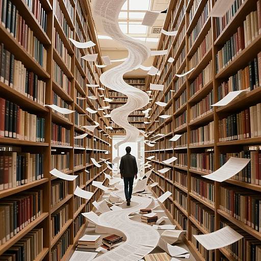 Photograph of a library aisle with tall wooden bookshelves, books, and swirling white papers. A silhouette of a person walks down the center,