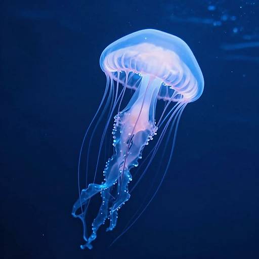 Photograph of a glowing blue jellyfish with translucent, flowing tentacles, floating against a dark blue underwater background.