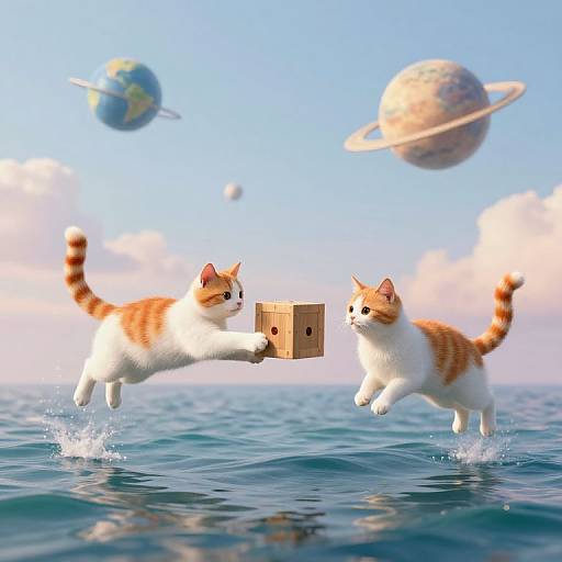 CGI image of two orange-and-white cats mid-jump in ocean, playing with a wooden birdhouse, against a sky with planets.