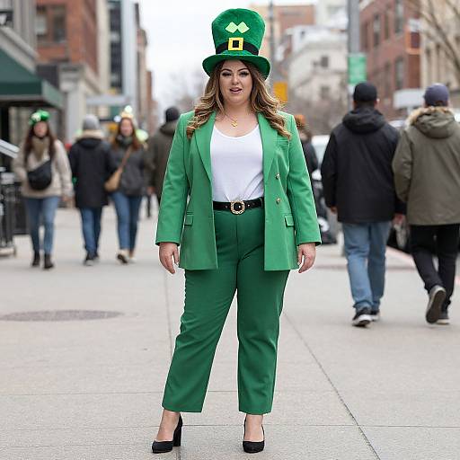 Photograph of a woman in green suit, white top, black heels, and green top hat, standing confidently on a city street.