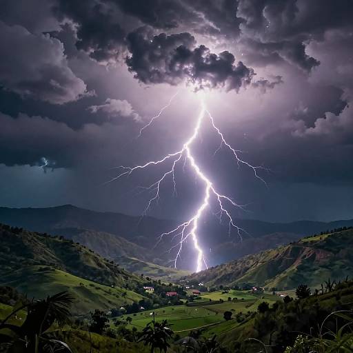 Photograph of a dramatic lightning bolt illuminating a dark, stormy sky over rolling green hills with scattered houses and trees.