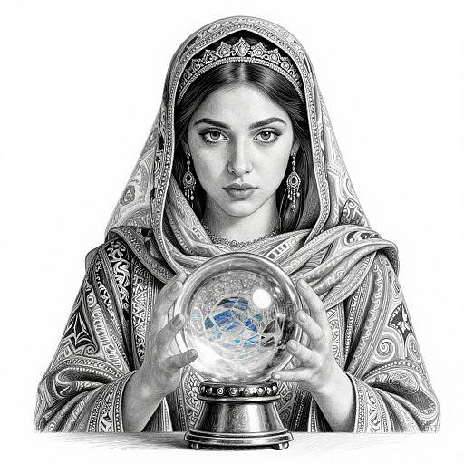 Monochrome photograph of a woman in traditional headscarf holding a crystal ball with a visible Earth, wearing intricate patterns and jewelry, looking directly at the