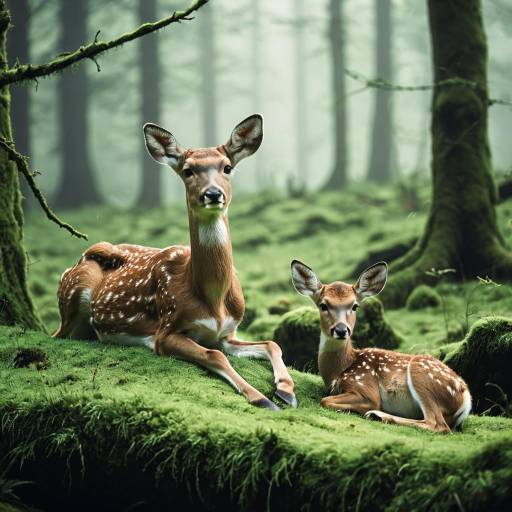 Doe and Fawn Resting in Misty Mossy Forest