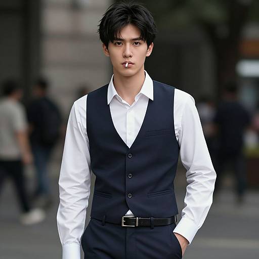 Photorealistic digital image of an Asian man with short black hair, wearing a black vest over a white shirt, hands in pockets, standing on a