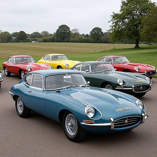 Photograph of five classic cars in a grassy park: blue Lotus Elan in foreground, red, yellow, green, and blue cars behind.