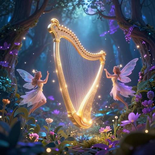 Digital art: Two glowing fairy-like women with translucent wings and white dresses, holding strings of a radiant golden harp, in a magical, moonlit