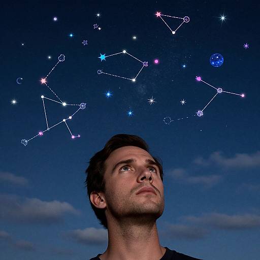 Photograph of a man looking up at a digitally superimposed constellation against a twilight sky, with stars and connected dots.