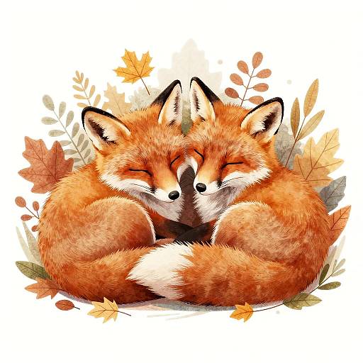 Sleepy Foxes Under Autumn Leaves
