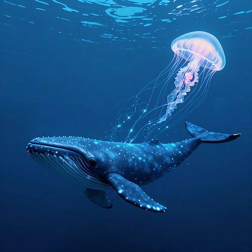 Photograph of a blue whale swimming beneath a glowing jellyfish in deep, dark blue ocean water, illuminated by the jellyfish's bioluminescence