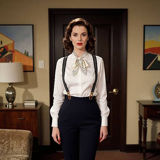 Photograph of a fair-skinned woman with vintage-style brown hair, wearing a white blouse with a lace collar, black high-waisted pants,