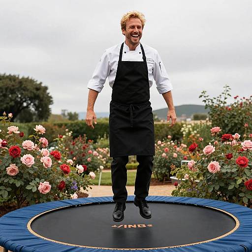 Chef Laughing on Trampoline in Rose Garden