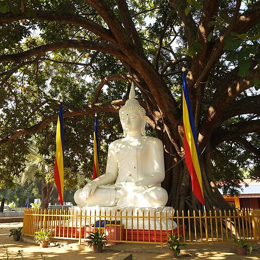 Photograph of a white Buddhist Buddha statue seated under a large tree, surrounded by colorful flags and a golden fence.